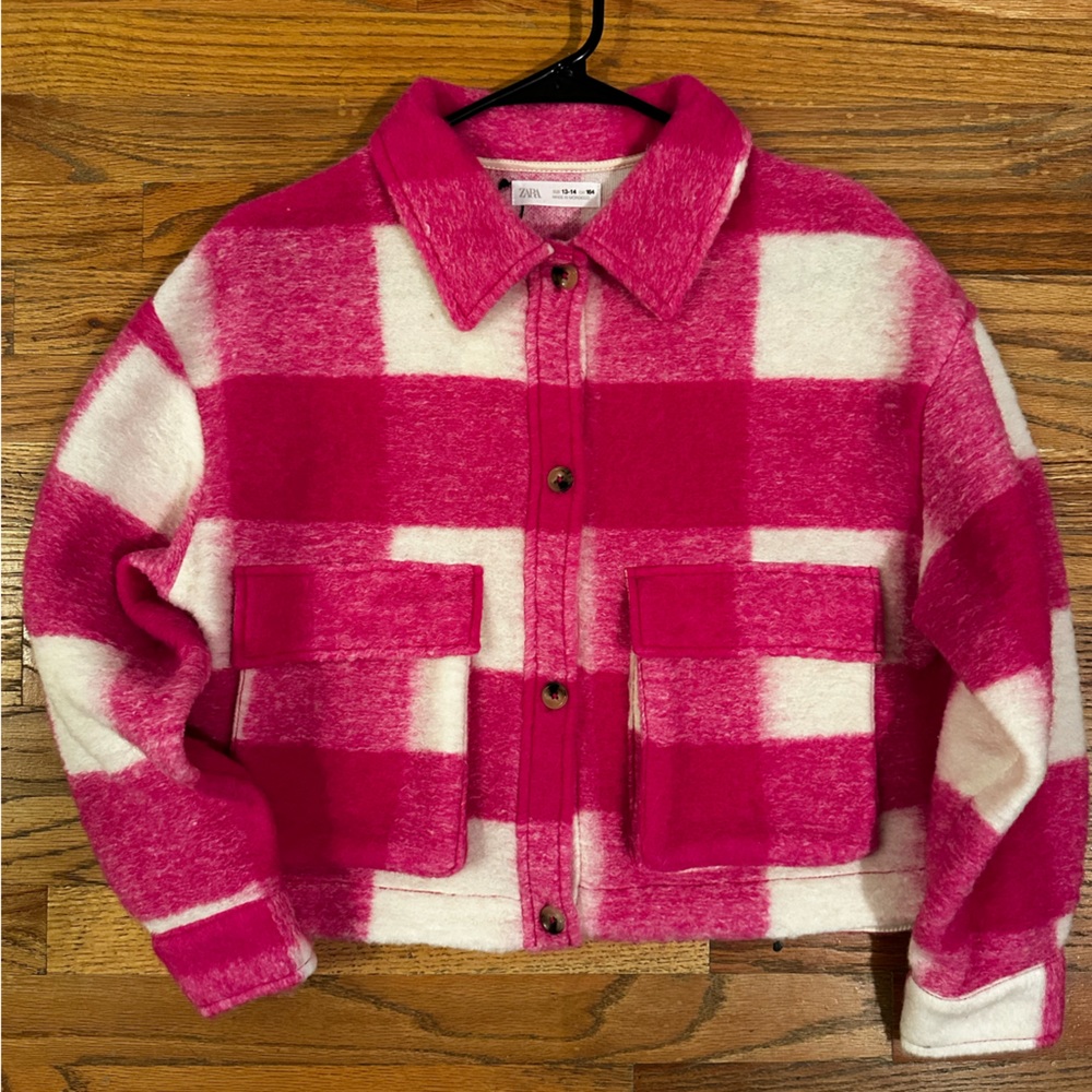Zara Pink plaid fleece jacket , Sz 13-14 girls brand new never worn.